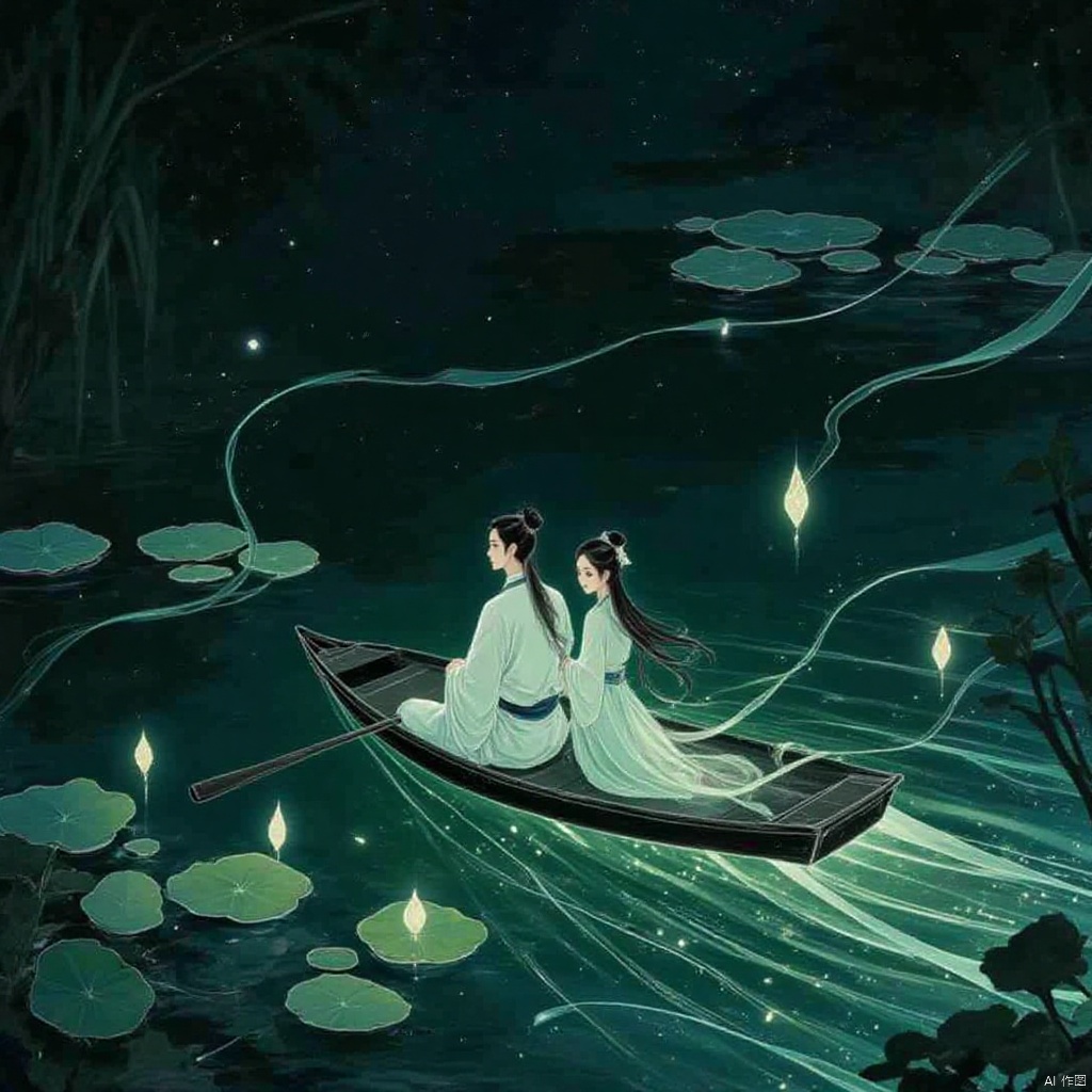 This is a digital illustration in traditional Chinese style, depicting a peaceful scene on a peaceful body of water at night. The central focus of the painting is two figures, a man and a woman, sitting on a small wooden boat. They appeared to be dressed in traditional Chinese clothing, the man in a flowing white robe and the woman in an equally flowing pale blue dress. Their faces are obscured by shadows, adding an ethereal quality to the image.

The background is a dark starry sky, floating lanterns and wisps of glowing tendrils of light that enhance the mysterious atmosphere. Around the boat are large, round green lily pads, adding to the serene aquatic feel.

The whole palette is dominated by dark greens, blues and whites, with soft, glowing lighting and the couple's costumes creating a serene, otherworldly atmosphere. The illustration is very detailed and the brushstrokes are delicate and complex, mimicking the techniques of traditional Chinese ink painting.