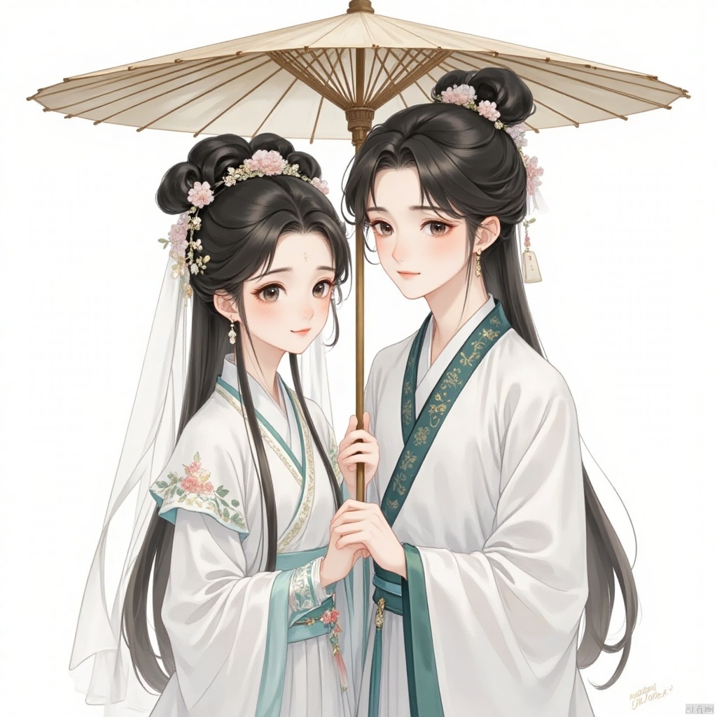 , a digital illustration created in a modern anime style. The image portrays two young East Asian individuals, a man and a woman, standing closely together under an open umbrella. Both characters have long, black hair styled with intricate updos, adorned with delicate hairpins and floral accessories. The woman on the left has a more elaborate hairstyle, featuring multiple hairpieces and a veil. She wears a traditional white Chinese dress with intricate embroidery and a delicate blue sash, giving a soft, ethereal appearance. The man on the right wears a similar white garment with darker green accents, showcasing a more minimalist, yet refined, style. Both characters have fair skin and delicate, youthful features, with large, expressive eyes and subtle blush on their cheeks, suggesting a sense of shyness or tenderness. They are holding hands gently, and the man is slightly taller, leaning in slightly towards the woman. The background is a plain, white void, directing all attention to the characters and their attire. The image is signed "yellowduckduck 2018" in the background.
