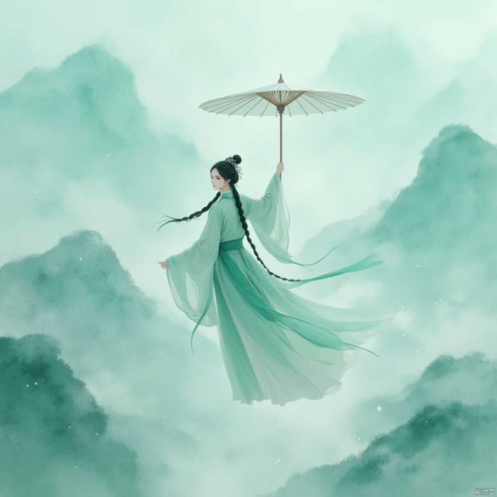 It presents a surreal, ethereal scene of a lone female figure in a flowing green traditional Chinese robe, floating elegantly against a background of hazy, ethereal turquoise tones. Her long black hair was tied in intricate braids, and she seemed to float in the air, with an outstretched hand holding a large translucent white umbrella, a symbol of protection and serenity. The misty and ethereal background consists of hazy mountains, wisps of white clouds and a surreal, otherworldly feeling that suggests a dreamlike state. The color is dominated by cool colors, with shades of blue, green and white, creating a peaceful and mysterious atmosphere. The overall texture is smooth, the brushstrokes are delicate, and the watercolor-like texture enhances the dreamy mood of the work. The image is a digital painting with a modern yet traditional artistic style that combines elements of Chinese culture with a dreamlike fantasy environment.