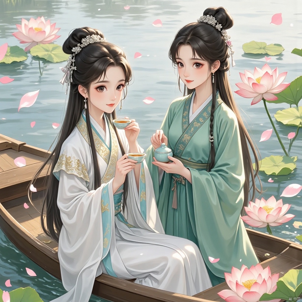 in a digital drawing style. This vibrant digital illustration depicts two young Asian women in a serene, traditional setting. The woman on the left is seated on a wooden boat, dressed in a flowing, white silk kimono with intricate, pale blue and gold accents. Her long, dark hair is styled in elegant braids adorned with silver hairpins. She holds a delicate teacup in her hands, sipping from it with a serene expression, and her eyes are focused forward. The woman on the right stands beside her, also wearing a traditional, green silk kimono with similar gold and blue accents. Her hair is styled similarly, with braids adorned with silver hairpins. She holds a small teapot, carefully pouring tea into the woman's cup. Both women have fair complexions and large, expressive eyes. The background features a tranquil lake with pink lotus flowers, their petals open and vibrant. Soft, pastel-colored petals float gently around the boat, adding a dreamlike quality to the scene. The overall atmosphere is serene, peaceful, and timeless, evoking a sense of calm and connection between the two women.