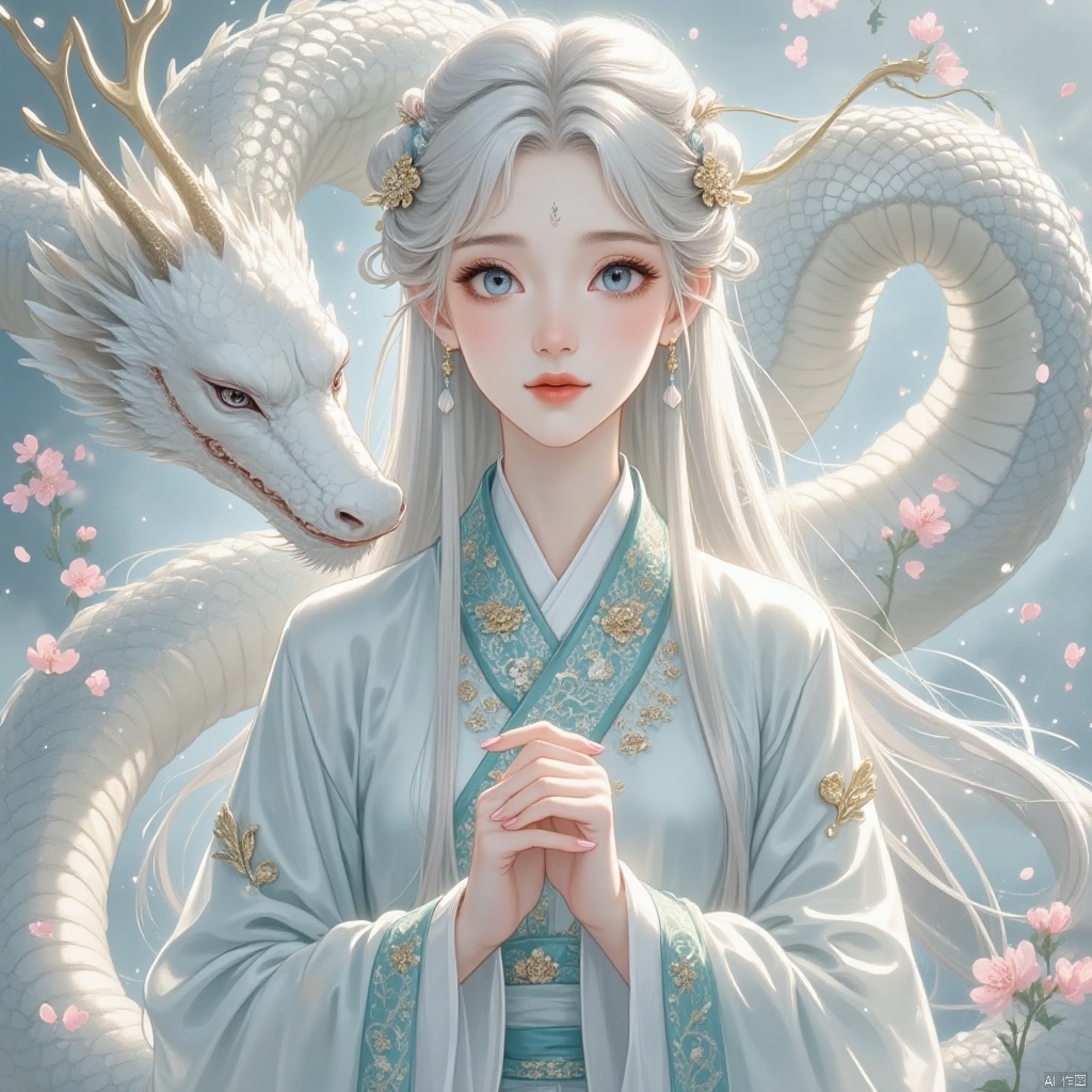 in the style of a detailed digital illustration. This is a highly detailed, hyperrealistic digital artwork depicting a young woman with ethereal, almost otherworldly qualities. The subject is a slender, fair-skinned woman with long, flowing white hair that cascades around her shoulders. Her eyes are large and almond-shaped, a vivid blue, which stands out against her pale complexion. She has delicate, fine features, and her lips are a soft pink, adding a touch of natural beauty to her face.

She wears a traditional Chinese high-collar jacket, intricately embroidered with delicate, shimmering gold threads. The jacket is predominantly light blue, with a hint of teal, and it has a soft, almost translucent quality. Her hands are gently holding a large, white dragon with intricate scales that blend seamlessly into the background. The dragon's scales are detailed and textured, creating a sense of depth and realism.

The background is a serene, misty blue, contributing to the ethereal and dreamlike ambiance of the artwork. Small, delicate pink flowers are scattered around the woman, adding a touch of natural beauty and contrast. Overall, the artwork combines elements of realism and fantasy, with a delicate, almost mystical aesthetic.