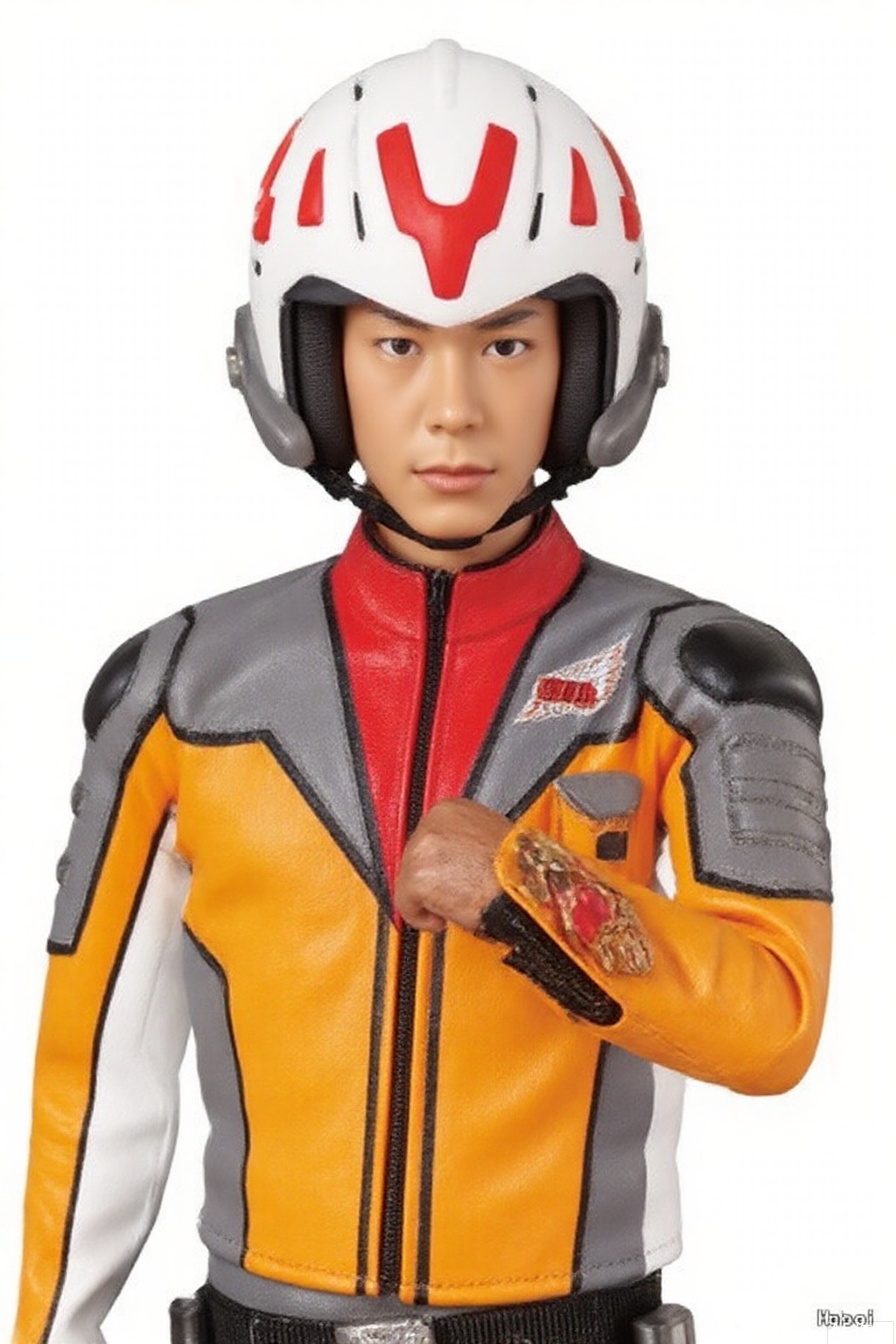 masterpiece, best quality,solo,(white background:1.2),simple background,
looking at viewer,GUYS,helmet,collar,belt,logo,uniform,jacket,gloves,emblem,orange jacket,grey pants,orange jacket with grey and white line,orange jacket with red collar,grey pants with white line