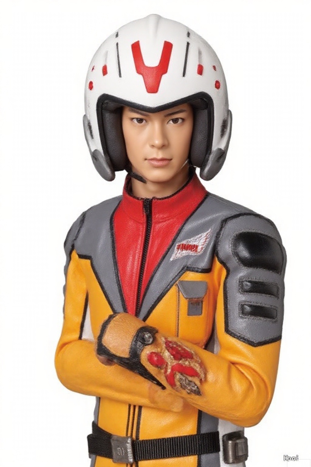 masterpiece, best quality,solo,(white background:1.2),simple background,
looking at viewer,GUYS,helmet,collar,belt,logo,uniform,jacket,gloves,emblem,orange jacket,grey pants,orange jacket with grey and white line,orange jacket with red collar,grey pants with white line