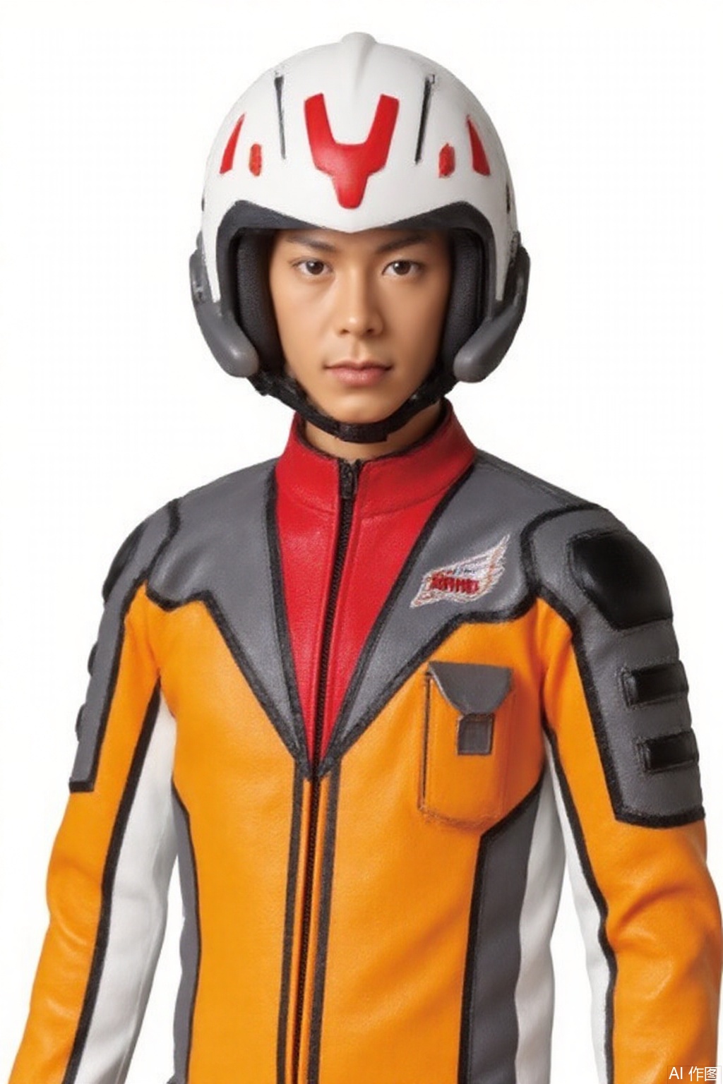 masterpiece, best quality,solo,(white background:1.2),simple background,
looking at viewer,GUYS,helmet,collar,belt,logo,uniform,jacket,gloves,emblem,orange jacket,grey pants,orange jacket with grey and white line,orange jacket with red collar,grey pants with white line