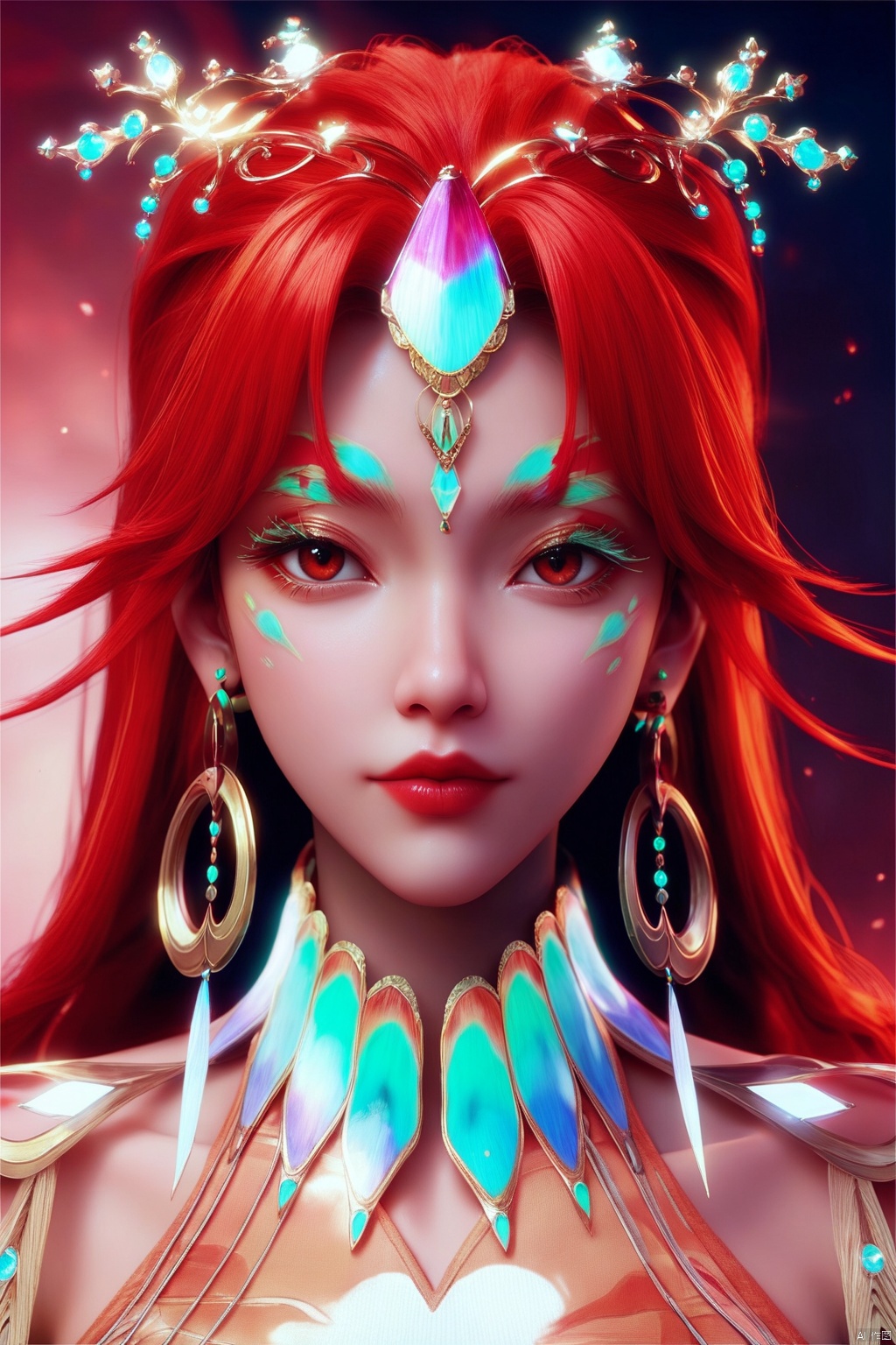 score_9, score_8_up, score_7_up,highly detailed digital,CG,1girl, solo, long hair, looking at viewer, hair ornament, red eyes, jewelry, closed mouth, upper body, red hair, earrings, lips, makeup, facial mark, gem, red lips, forehead jewel