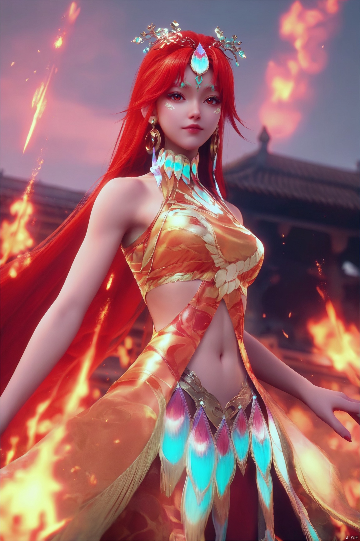 score_9, score_8_up, score_7_up,highly detailed digital,CG,1girl, solo, long hair, looking at viewer, hair ornament, red eyes, navel, bare shoulders, jewelry, standing, red hair, earrings, midriff, fire, forehead jewel