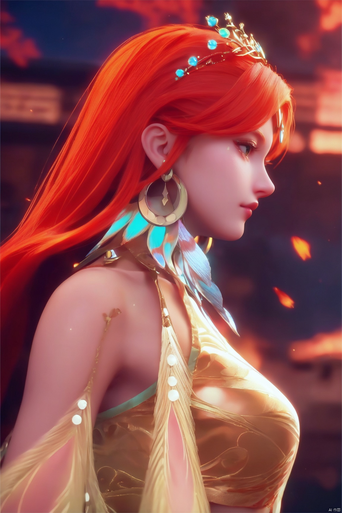 score_9, score_8_up, score_7_up,highly detailed digital,CG,1girl, solo, long hair, hair ornament, dress, jewelry,long hair, upper body, red hair, earrings, from side, profile, tiara