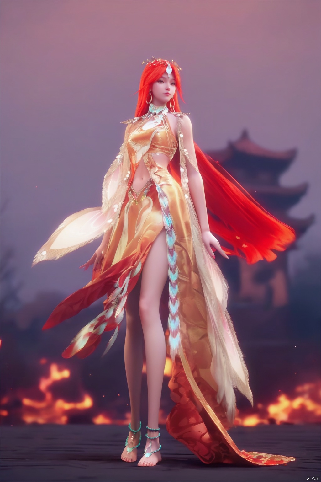 score_9, score_8_up, score_7_up,highly detailed digital,CG,1girl, solo, long hair, dress, navel, jewelry, very long hair, standing, full body, red hair, barefoot, anklet