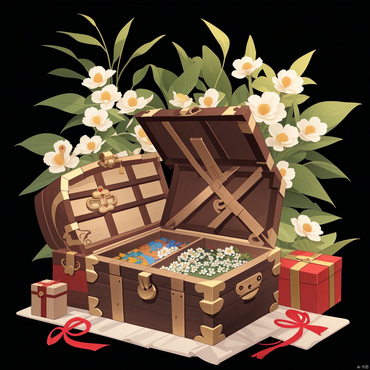solo, simple background, full body, flower, props, treasure chest, Chinese New Year, no humans, bell, white flower, black background, gem, sdorica, icon, treasure chest, Festival boxes, game props
