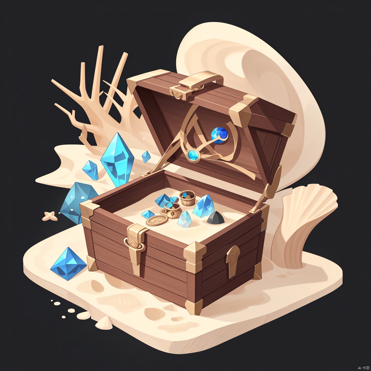solo, simple background, full body, wave pattern, props, treasure chest, conch, no humans, bell, white sand, fine sand, black background, gem, sdorica, icon, treasure chest, blue festival boxes, game props