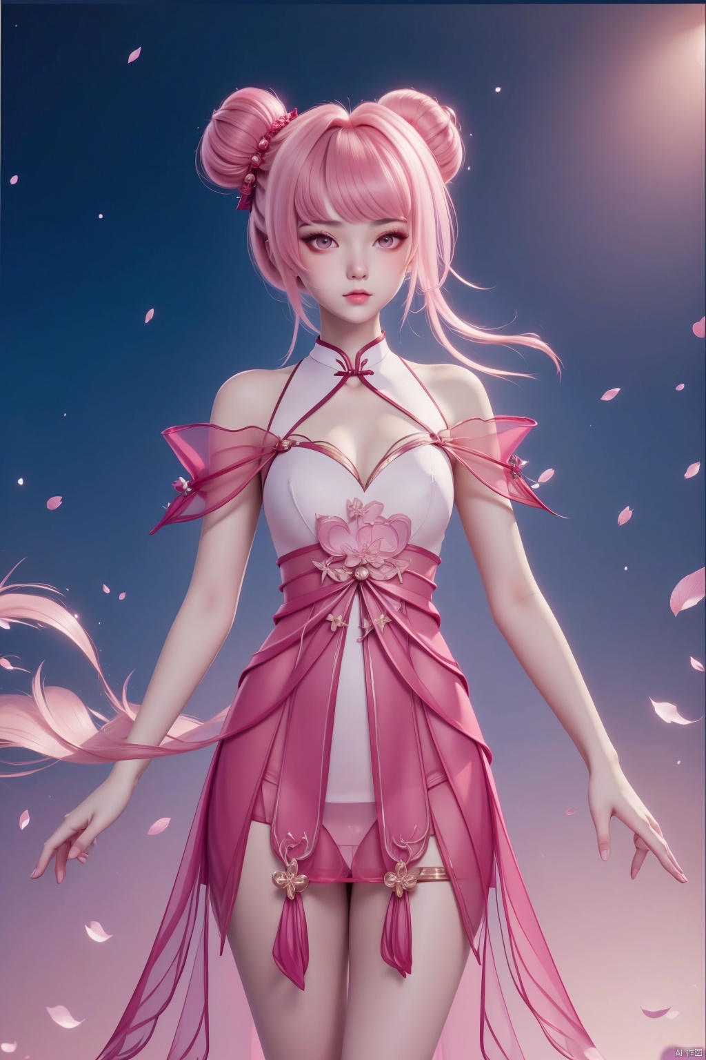 1girl, solo, looking at viewer, bangs, dress, pink hair, hair bun, double bun, chinese clothes, pink dress,masterpiece,best quality,official art,extremely detailed CG unity 8k wallpaper,,,Above the waist,Thigh exposed,
