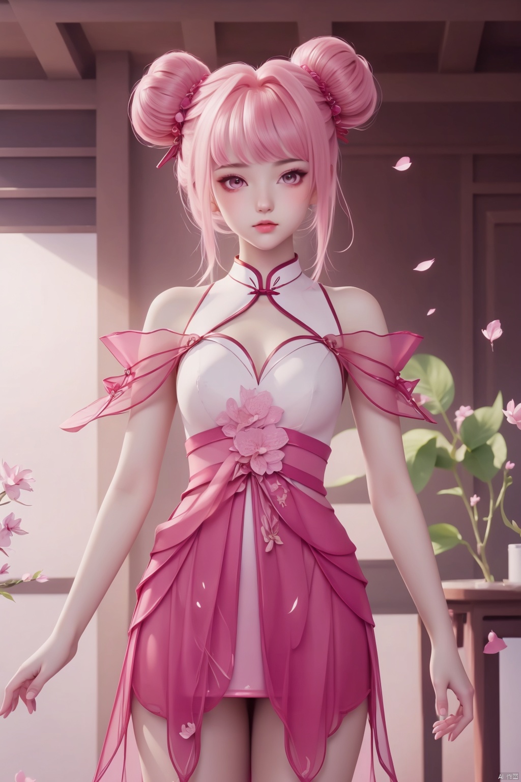 1girl, solo, looking at viewer, bangs, dress, pink hair, hair bun, double bun, chinese clothes, pink dress,masterpiece,best quality,official art,extremely detailed CG unity 8k wallpaper,,,Above the waist,Thigh exposed,
