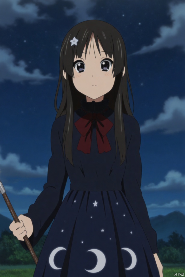 Black hair, long hair, a dark blue starry sky-themed dress, with twinkling stars and moon patterns on the skirt, as if in the Milky Way, wearing a small star-moon hair accessories, holding a magic wand, the background is the night sky and meteors, dreamy and mysterious, The eyes are full of expectations