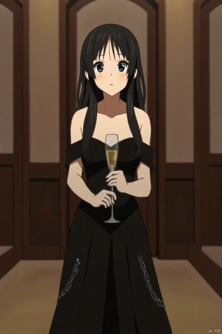 black hair, long hair, black off-shoulder evening dress, light and flowing skirt, silver thin chains on the waist, highlighting elegant temperament, long hair is slightly curly, wearing silver earrings, holding a glass of champagne, the background is a gorgeous banquet hall, and the light is soft Noble, elegant, slightly shy expression