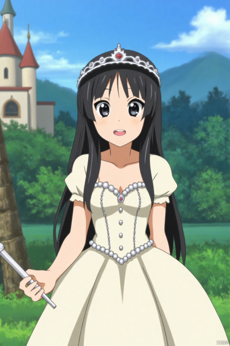 Black hair, long hair, wearing a white puffy dress, layered with pearls and rhinestones, like a princess in a fairy tale, wearing a crystal crown on her head, holding a magic wand, the background is a dreamy forest and castle, innocent, Romantic, slightly shy and joyful expression,laughing