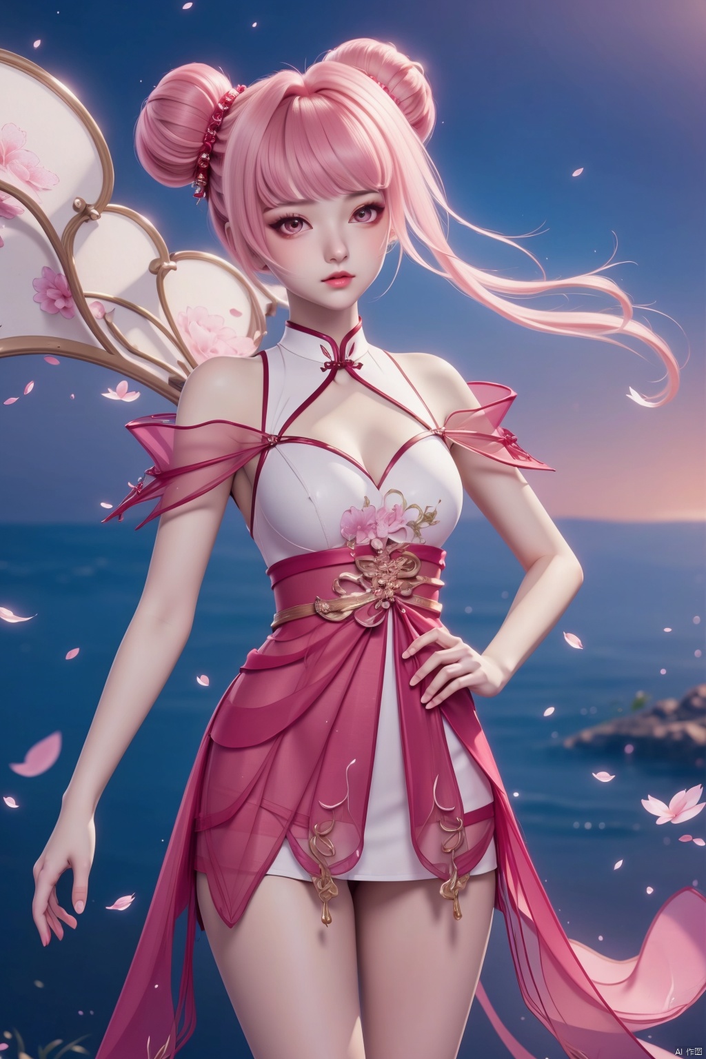 1girl, solo, looking at viewer, bangs, dress, pink hair, hair bun, double bun, chinese clothes, pink dress,masterpiece,best quality,official art,extremely detailed CG unity 8k wallpaper,,,Above the waist,Thigh exposed,