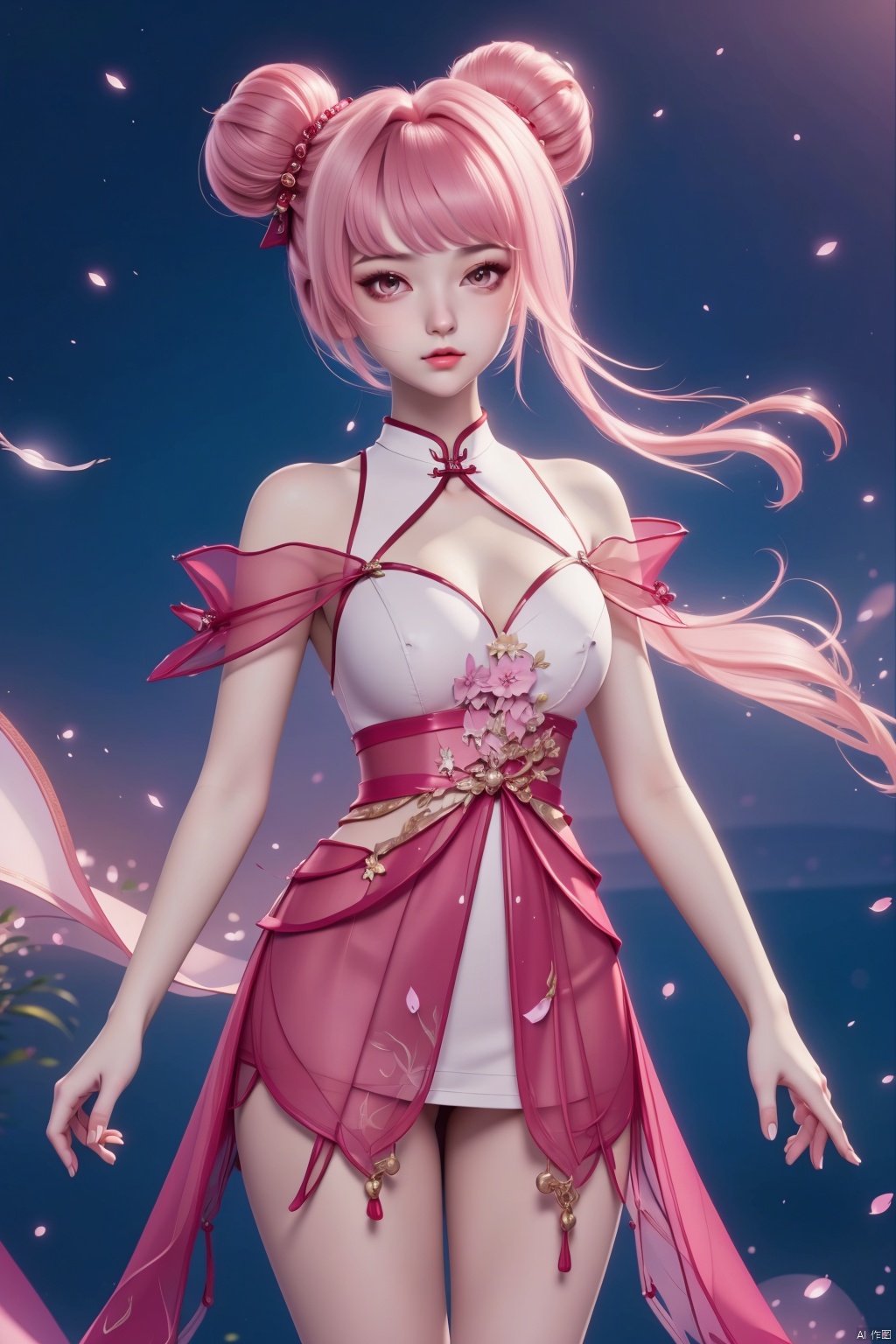 1girl, solo, looking at viewer, bangs, dress, pink hair, hair bun, double bun, chinese clothes, pink dress,masterpiece,best quality,official art,extremely detailed CG unity 8k wallpaper,,,Above the waist,Thigh exposed,