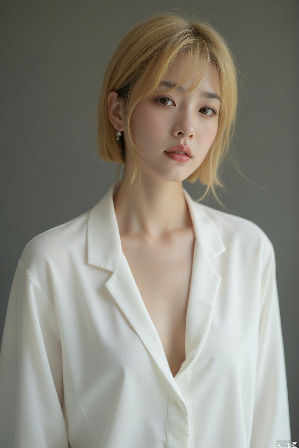 This is a portrait of aoriental women, alone, looking ahead, short yellow hair, earrings, white shirt with low collar, cleavage, big boobs