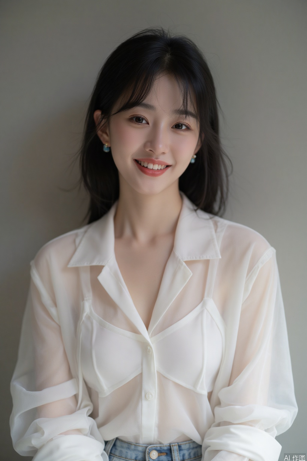 This is a portrait of aoriental women, alone, looking ahead, black hair, earrings, White translucent shirt low collar, cleavage, big boobs,There are two dimples on the smiling face