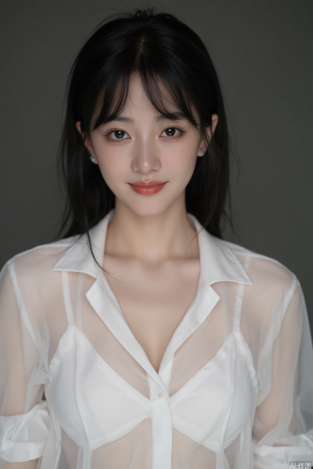 This is a portrait of aoriental women, alone, looking ahead, black hair, earrings, White translucent shirt low collar, cleavage, big boobs,There are two dimples on the smiling face