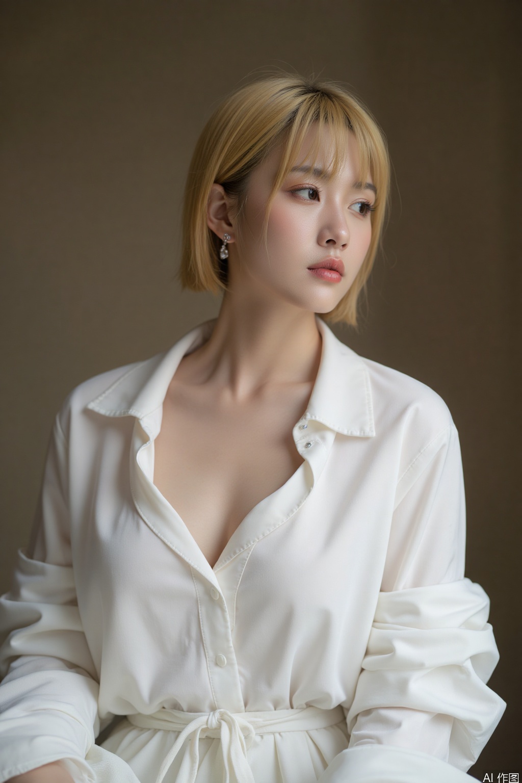 This is a portrait of aoriental women, alone, looking ahead, short yellow hair, earrings, white shirt with low collar, cleavage, big boobs