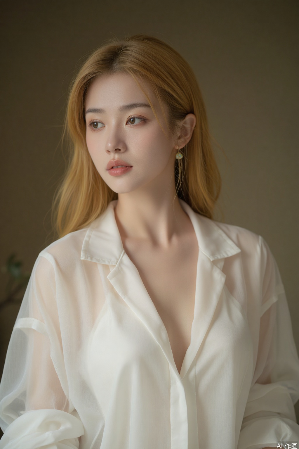 This is a portrait of aoriental women, alone, looking ahead, Yellow long hair, earrings, White translucent shirt low collar, cleavage, big boobs