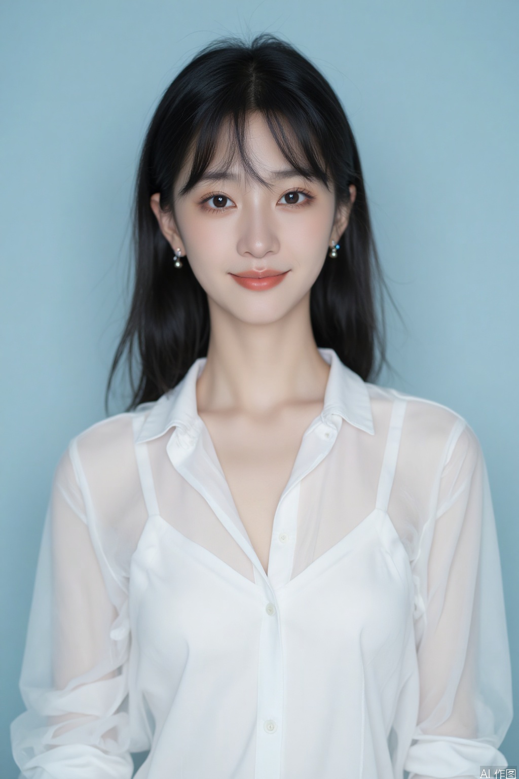 This is a portrait of aoriental women, alone, looking ahead, black hair, earrings, White translucent shirt low collar, cleavage, big boobs,Light blue background,There are two dimples on the smiling face