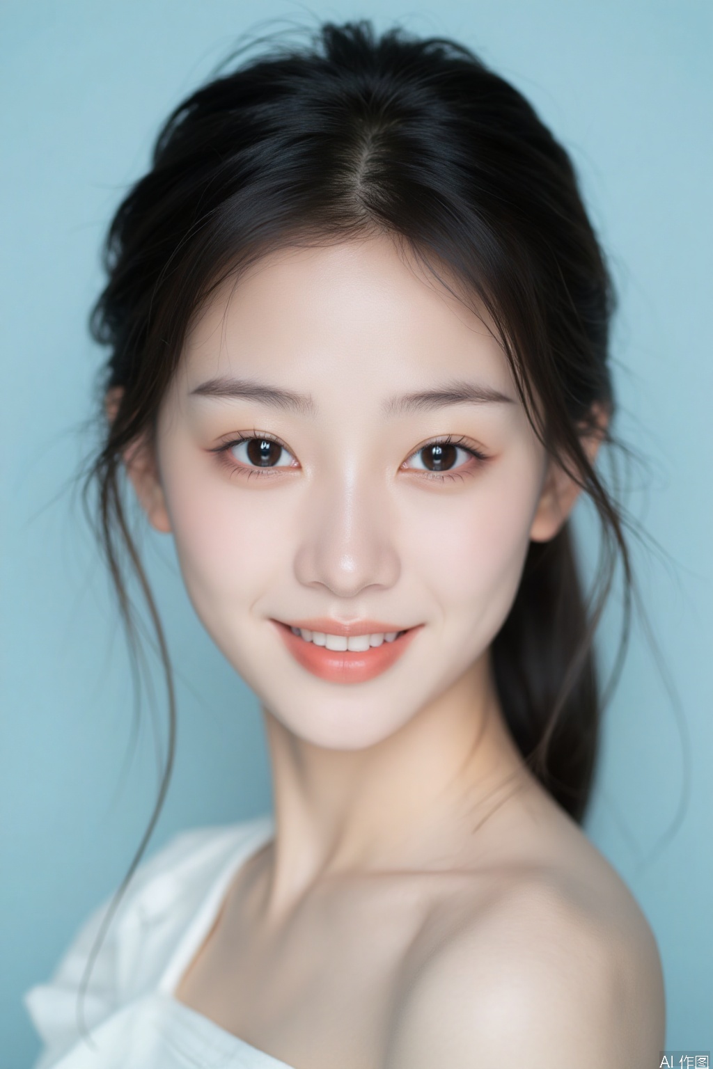 A very beautiful Asian woman with golden ratio facial features, fair and tender skin, perfect figure, single eyelids, light blue background, and a smile