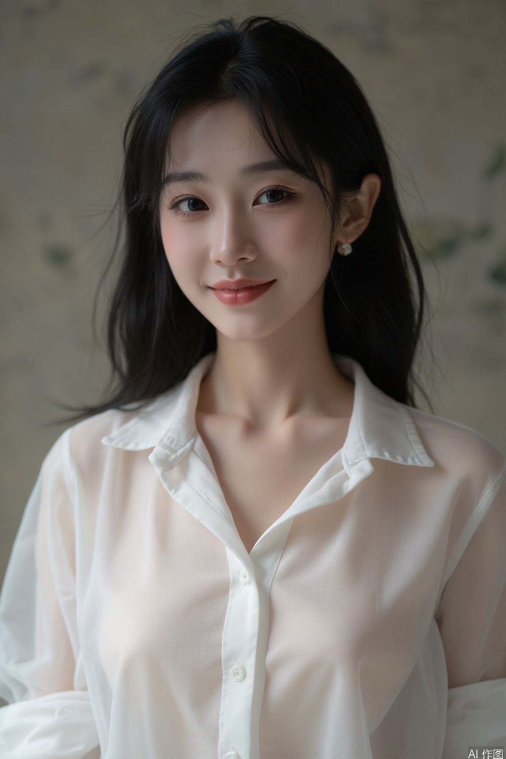 This is a portrait of aoriental women, alone, looking ahead, black hair, earrings, White translucent shirt low collar, cleavage, big boobs,There are two dimples on the smiling face