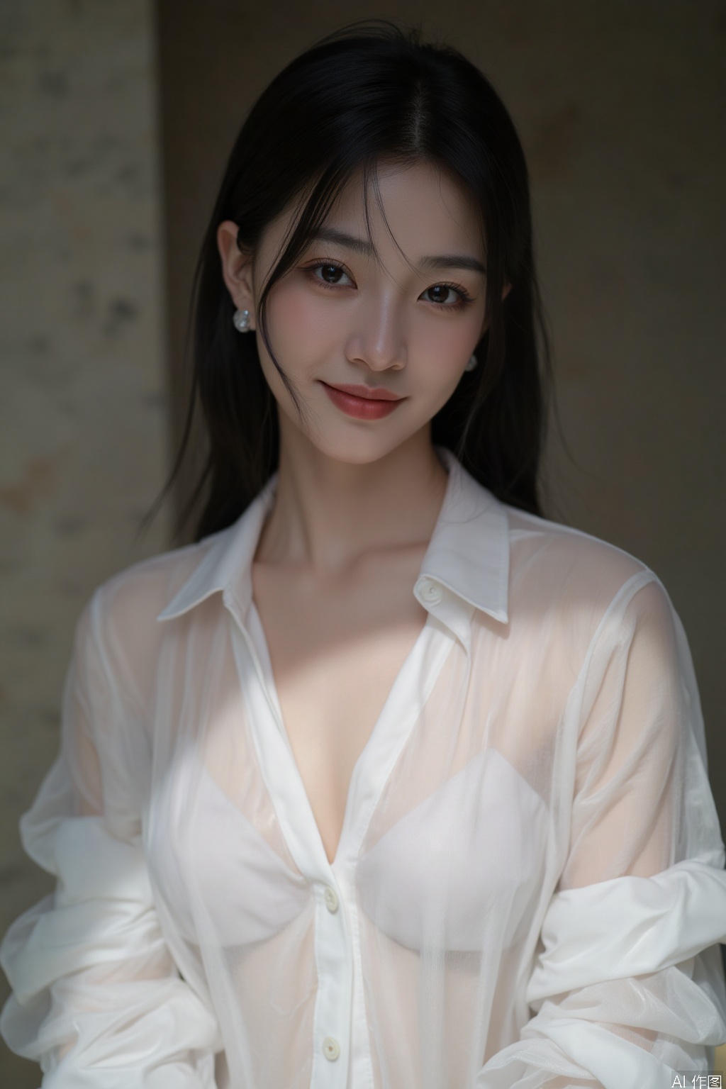This is a portrait of aoriental women, alone, looking ahead, black hair, earrings, White translucent shirt low collar, cleavage, big boobs,There are two dimples on the smiling face