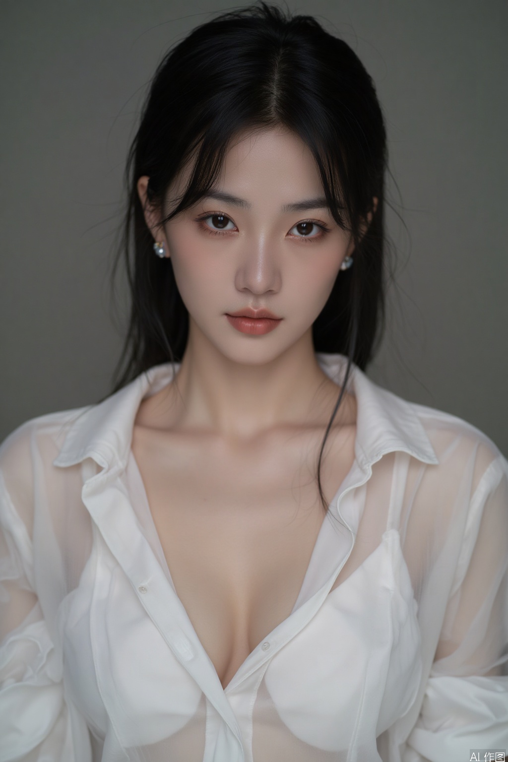 This is a portrait of aoriental women, alone, looking ahead, black hair, earrings, White translucent shirt low collar, cleavage, big boobs,There are dimples on the face