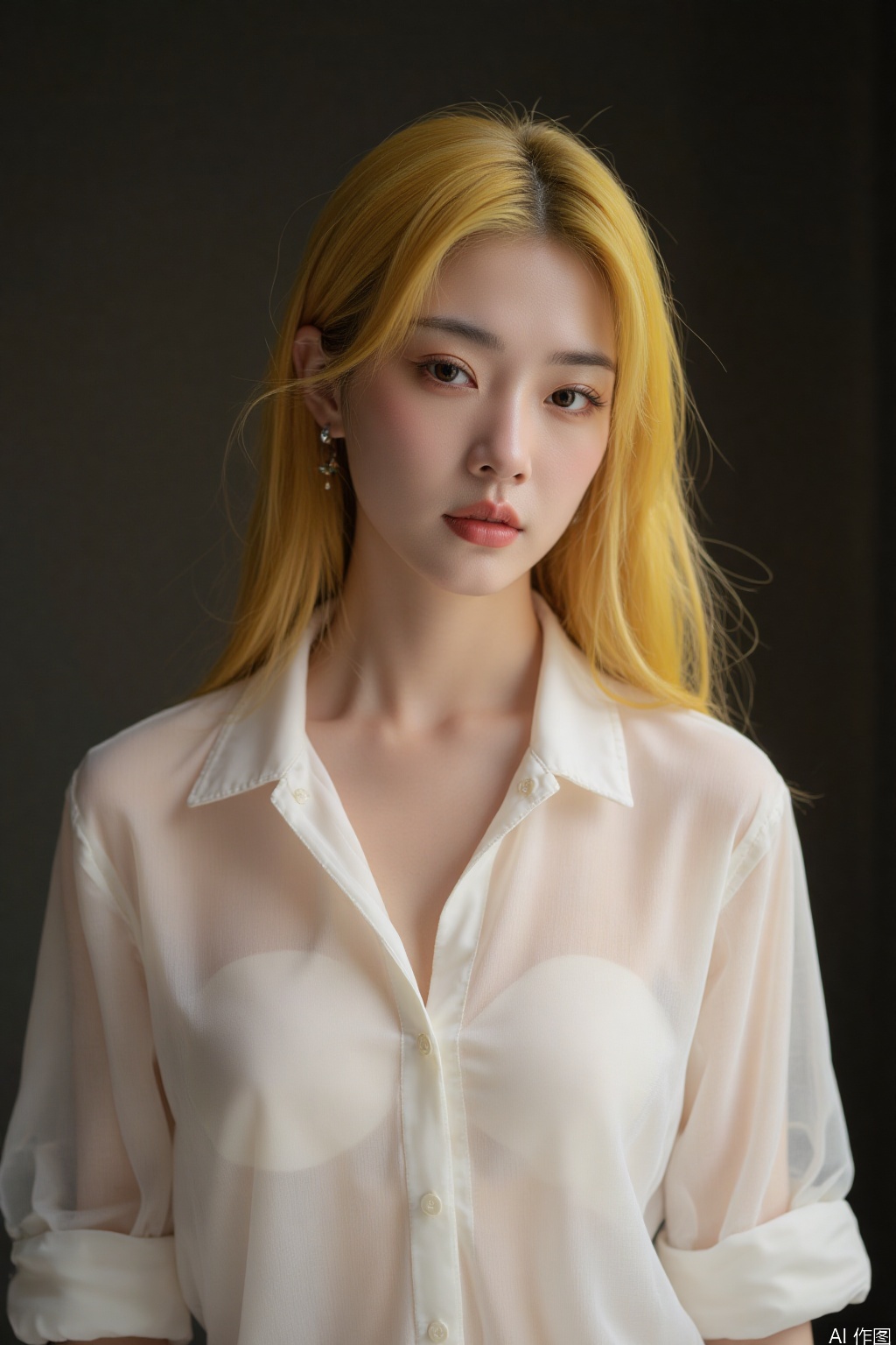 This is a portrait of aoriental women, alone, looking ahead, Yellow long hair, earrings, White translucent shirt low collar, cleavage, big boobs