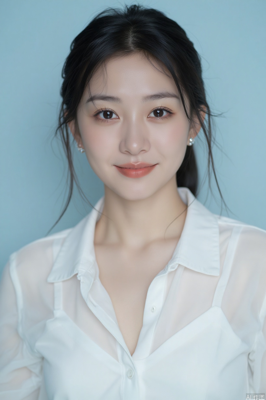 This is a portrait of aoriental women, alone, looking ahead, black hair, earrings, White translucent shirt low collar, cleavage, big boobs,Light blue background,There are two dimples on the smiling face