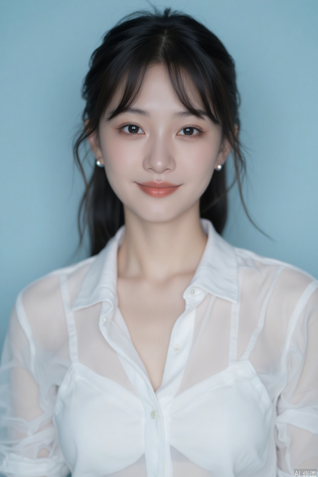 This is a portrait of aoriental women, alone, looking ahead, black hair, earrings, White translucent shirt low collar, cleavage, big boobs,Light blue background,There are two dimples on the smiling face