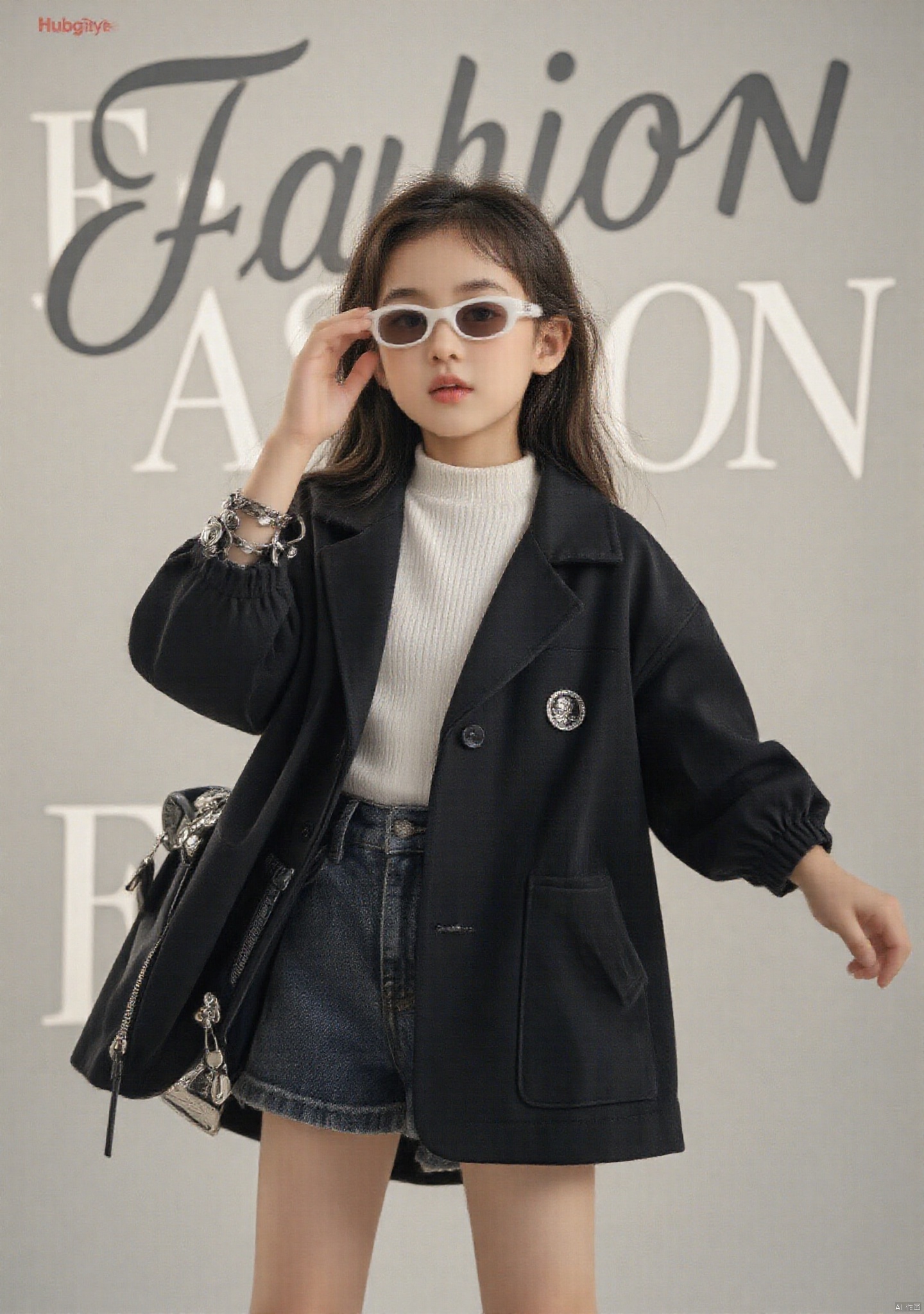 kodak film\(hubgstyle)\,low angle shot of an 11 year old girl wearing a black trendy jacket dancing,dynamic posture,wearing white sunglasses,trendy magazine background,with the text "Fashion" in the background,creating a magazine cover like visual effect,