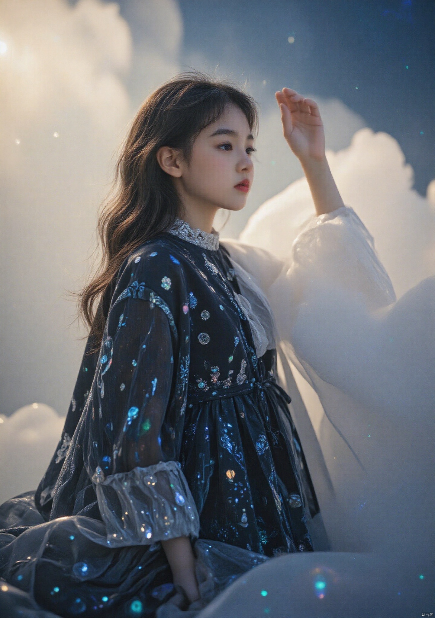 kodak film\(hubgstyle)\,hubgchild,A beautiful young girl named Redram, depicted in profile with her arm raised, enveloped in mysterious fog. The scene features holographic internal reflections and finely diffused light, blending captivating witchery with feminine aesthetics. She wears magical fog as her attire, creating an enigmatic, texture-rich garment. The absurd beauty is enhanced by a thick layer of fog covering the foreground, creating a semi-transparent, full-color silhouette. The fog envelops the subject, adding an ultimate sense of mystery, with intricate details and high-definition clarity to elevate the ethereal atmosphere.