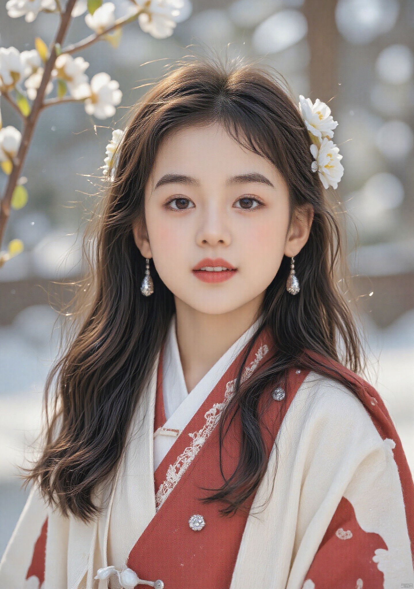 kodak film\(hubgstyle)\,A little girl with long black hair adorned with white flowers on the side of her head, wearing a red and white Hanfu garment in front of a snowy scene, smiling with a happy expression. She has delicate facial features, exquisite makeup, and is wearing white earrings hanging from her shoulders. She is also wearing a red cloak with a small silver decoration around the neck. The full-body photographs are in a realistic photographic style, with a snowy scene background and soft light shining through the leaves.