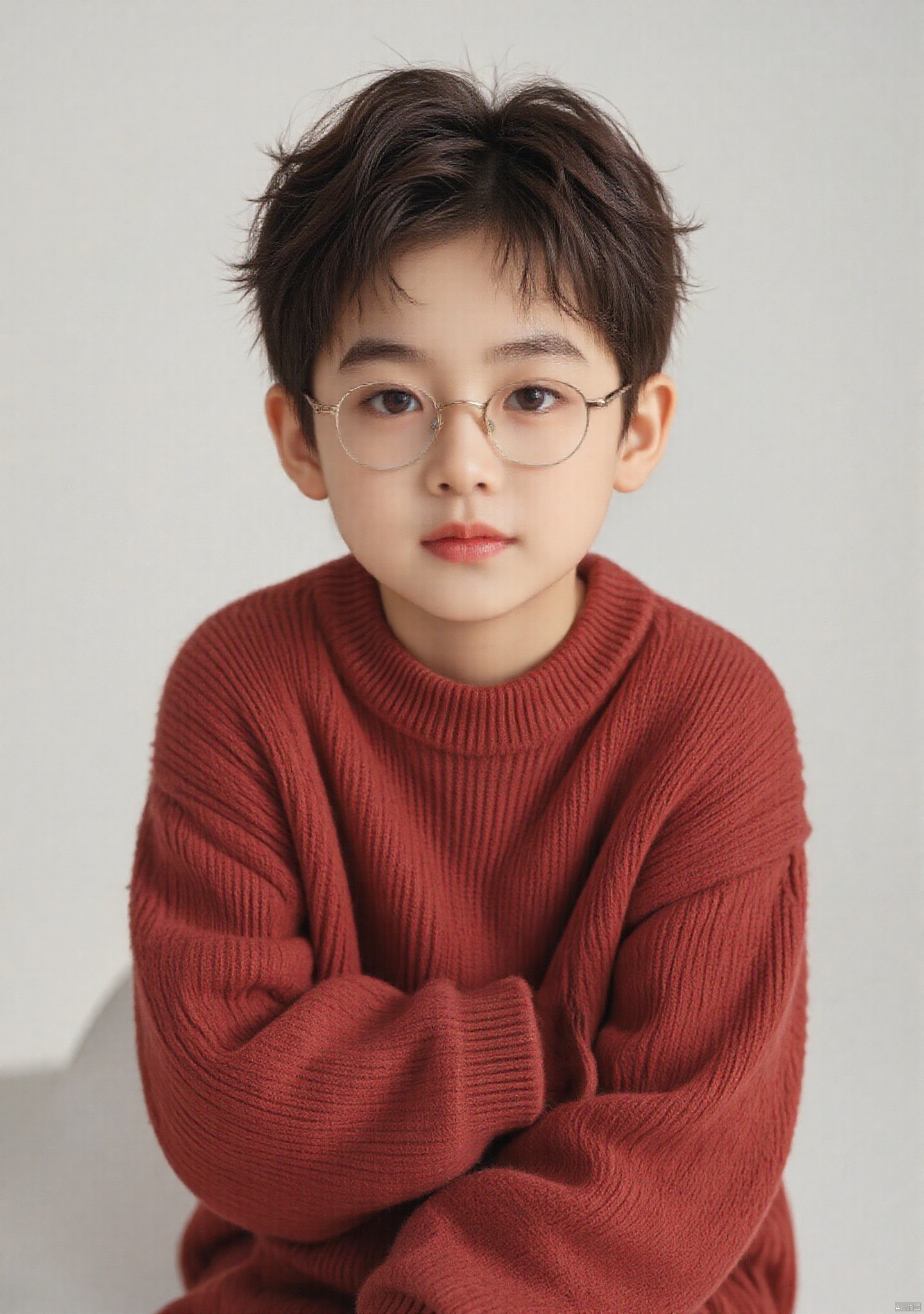kodak film\(hubgstyle)\,a little boy,wearing glasses and a red sweater with a smile on his face and arms folded over his shoulders, Byeon Sang-byeok, childish, a photocopy, toyism, portrait photography