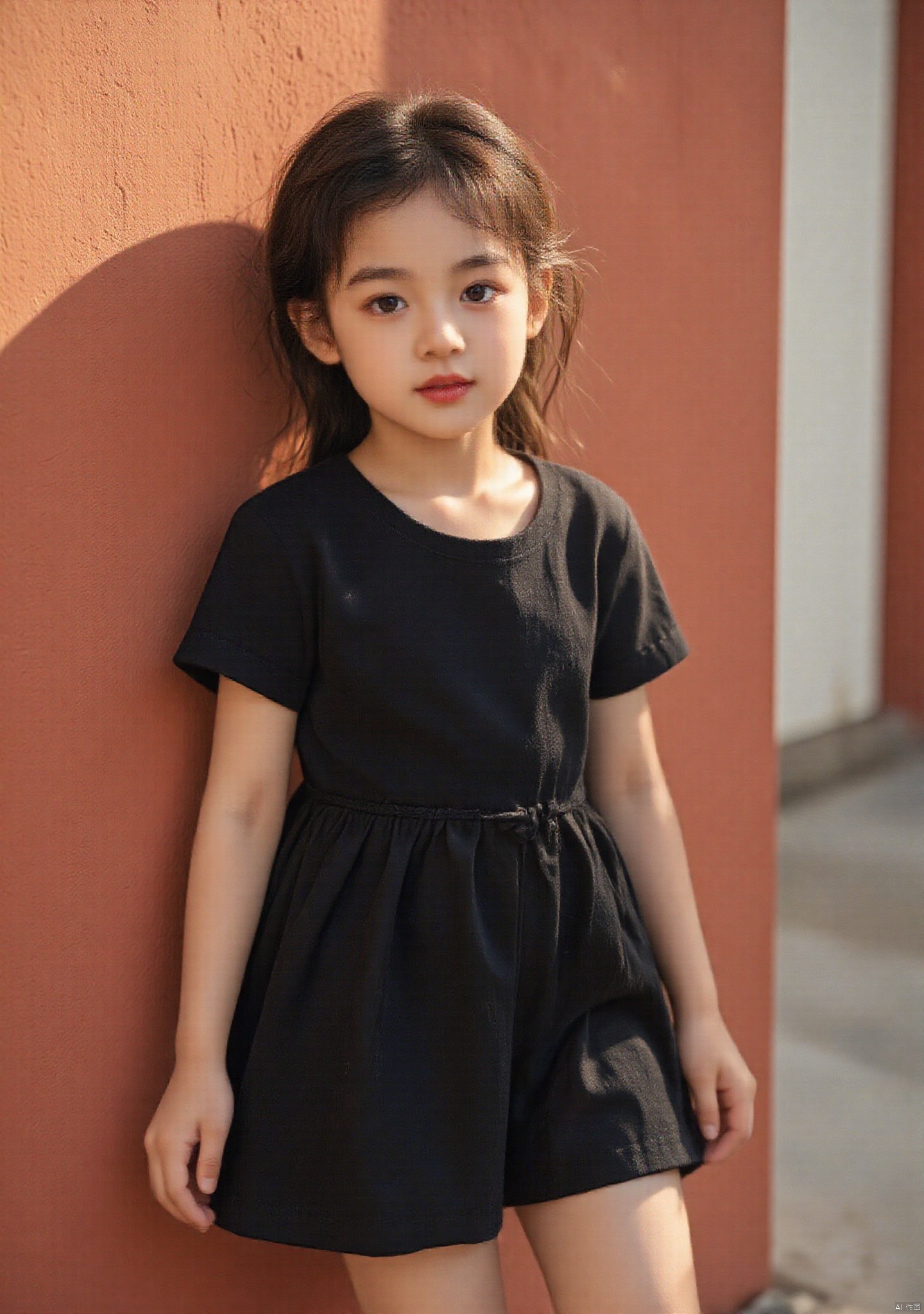 kodak film\(hubgstyle)\,hubgchild,a little girl,black dress,leaning against the red wall,looking at the camera with a smile on her face,natural light,low resolution,microscopic photos,orphism,posters,