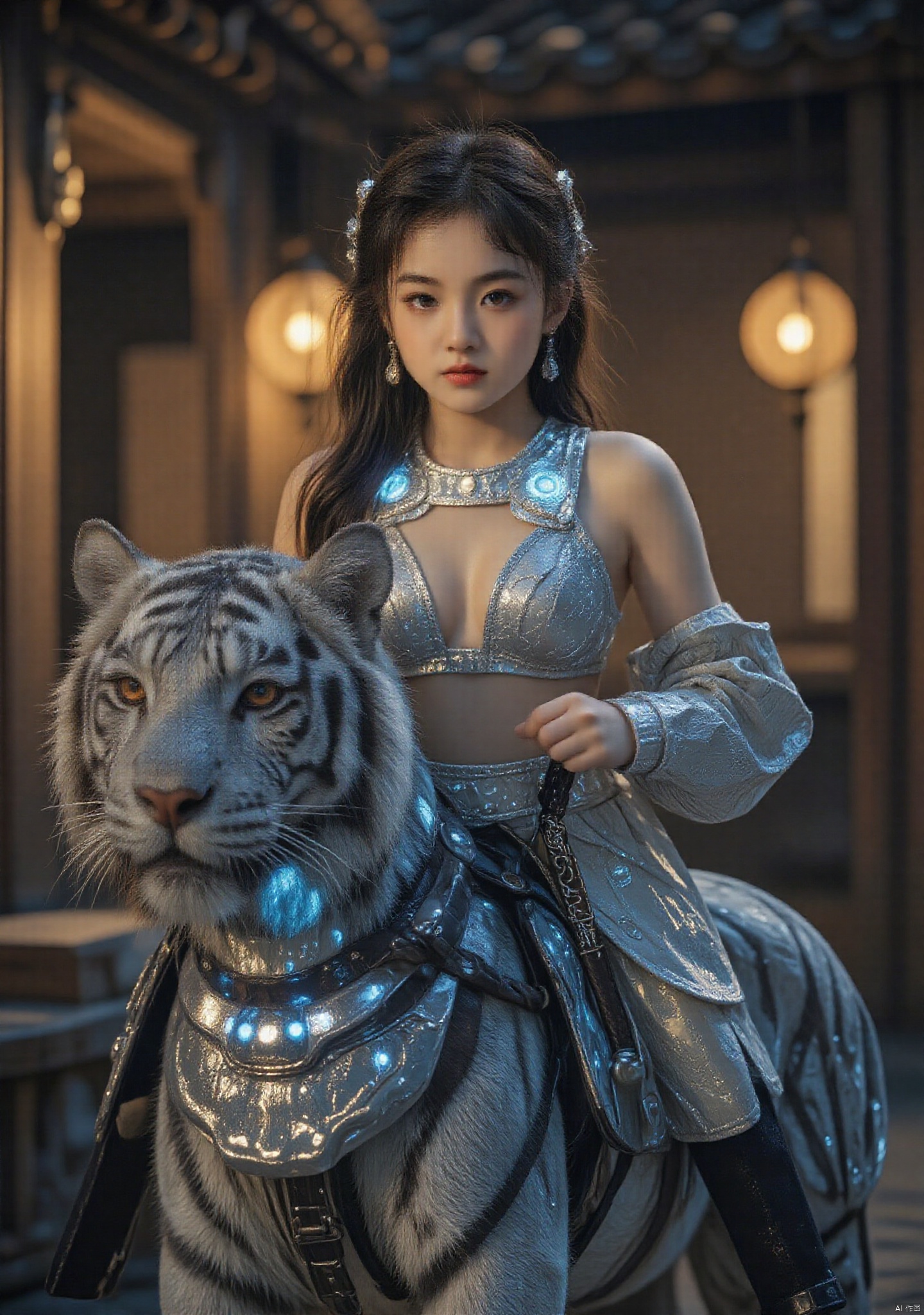 kodak film\(hubgstyle)\,Topic: Female warriors in a light armor Revealing smooth skin Deep grooving set Big chest emphasizes elegance and sexy. Riding a giant blue tiger A fierce red eyes Tiger wearing heavy steel armor patterns, glowing energy patterns The background is an ancient Chinese temple with warm lamps. Material: A realistic photo level 6K, Ultra Photrealistic CGI Style: realistic, fantasy, Hollywood movie Artist: Inspired by Raphael Lacoste and Furio Tdeschi Influence from the website: high quality Artstation and Unreal Engine 5 Render Sharp: Maximum details See realistic skin surfaces Clear armor patterns All fine tigers More details: The expression of the face of a female warrior is confident. Elegant Smooth skin The surface of materials such as metal, fur and skin is highly resolution. Shadow and color: realistic color tones, emphasizing the blue blue color of the tiger Contrasting with warm light from the lamp Giving a magical and powerful feeling Light and brightness: shadow light according to the principles The source of light from Chinese lamps give a mysterious atmosphere. Reflective light on metal and skin looks realistic. Prohibition: Cartoon style, drawing, low resolution, distorted proportion, plastic surface, unrealistic effects, 