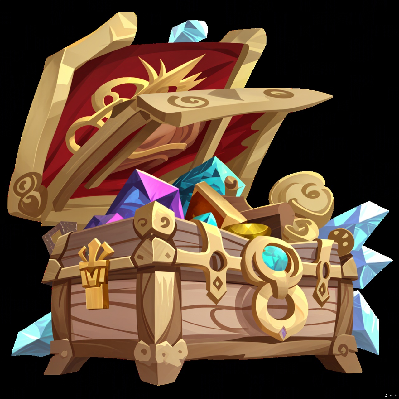 solo, simple background, full body, annual rings, props, treasure chest, no humans, black background, gem, sdorica, icon, treasure chest, green festi val boxes, game props