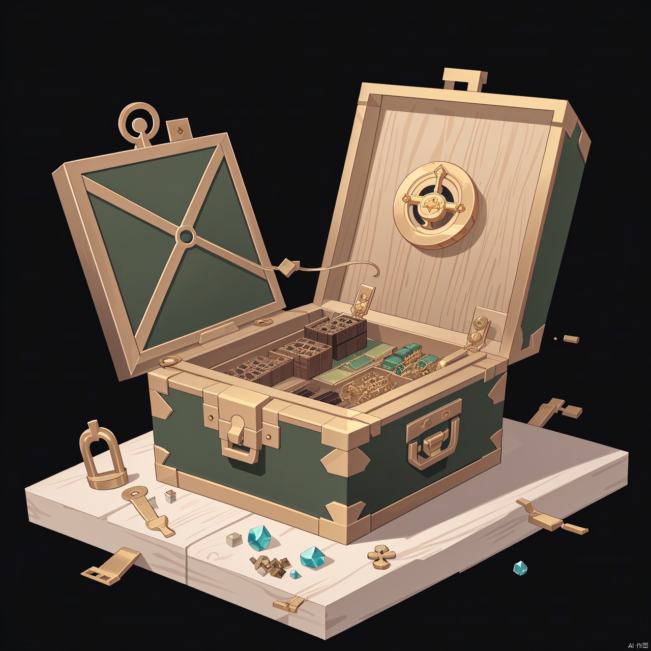 solo, simple background, full body, chip, full circuit, military green lock and data error, fault art, no humans, black background, gem, sdorica, icon, treasure chest, tech sense, bl ack gold metal box, floating garbled code , game props