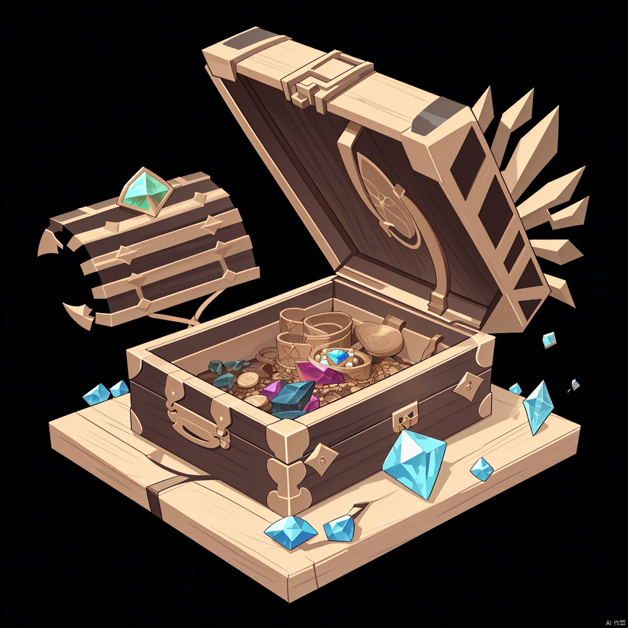 solo, simple background, full body, data error, fault art, no humans, black background, gem, sdorica, icon, treasure chest, tech sense, black gold metal box, floating garbled code, game props