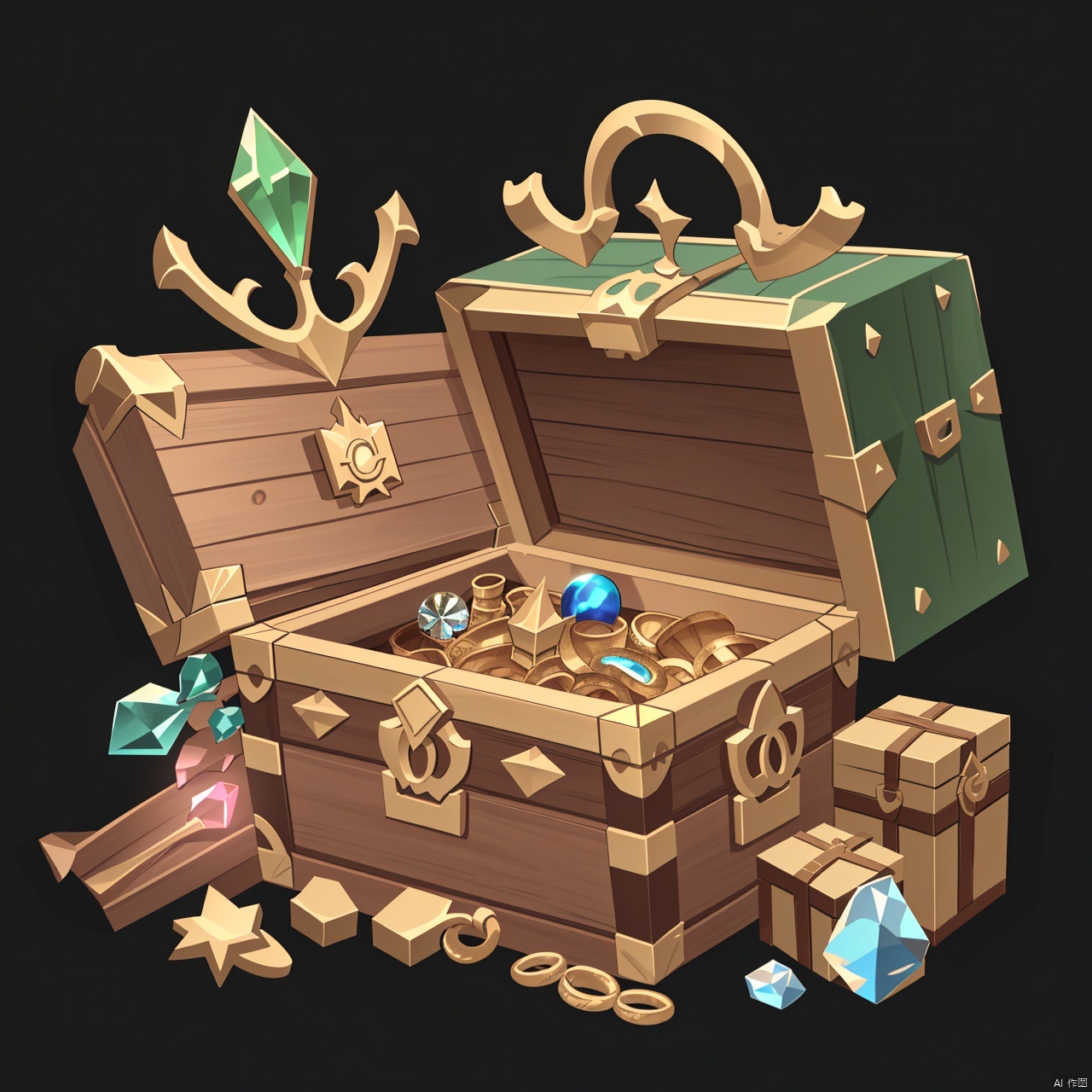 solo, simple background, full body, annual rings, props, treasure chest, no humans, black background, gem, sdorica, icon, treasure chest, green festi val boxes, game props