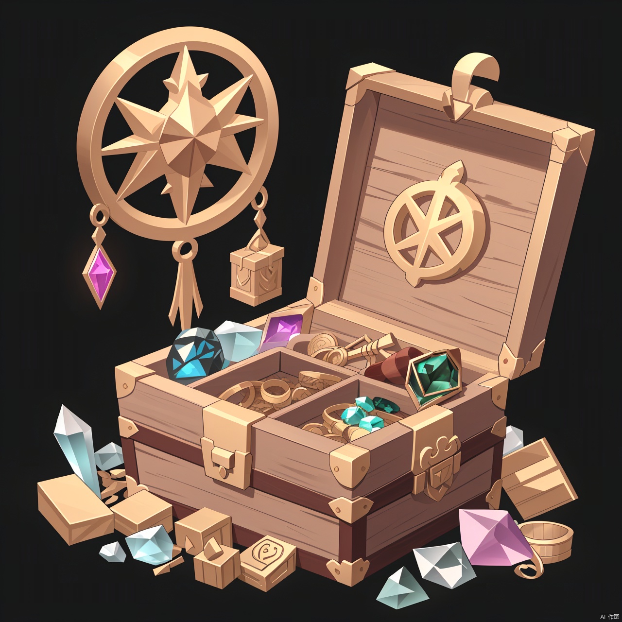 solo, simple background, full body, annual rings, props, treasure chest, no humans, black background, gem, sdorica, icon, treasure chest, green festi val boxes, game props