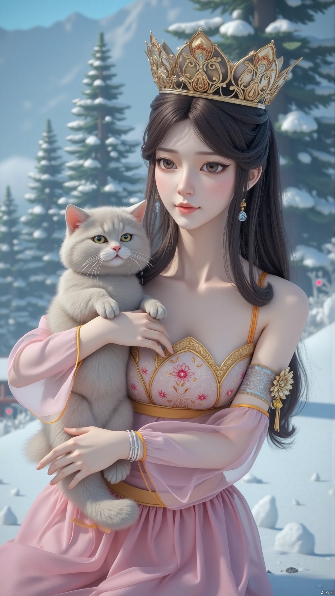 Zhang's realistic and surreal portraits show a 3D character landscape. A girl is holding a cat and looking at the audience. The background is a small snow-covered village and ski resort. The scene includes pine trees and a small figure skiing on the snow-covered ground, captured in a dreamy film style, and the soft and fuzzy snowfall creates a quiet winter atmosphere. The composition adopts natural global illumination to enhance the sense of magical reality. The image was presented in ultra-detail and ultra-high resolution in 4D, and was shot with Fuji color film aesthetics. With the help of the 85mm f/1.4 lens on the DSLR camera, it captures the essence of a fantastic and story-rich micro-world, integrates macro art with vivid colors, and brings fascinating and realistic visual experience. Whole body, long hair, sitting posture, highest quality, exquisite CG, water drops on hair, beautiful goddess, close-up, exquisite face, exquisite lips, exquisite eyes, exquisite nose, a girl.1 girl, solo, long hair, chest, brown hair, black hair, bare shoulders, brown eyes, barefoot, crown, wristband, flower, nail polish, crown, hair band, dress, bare shoulders, brown eyes, jewelry, yellow eyes, sleeves, nail polish, bracelet, crown, pants, yellow eyes.