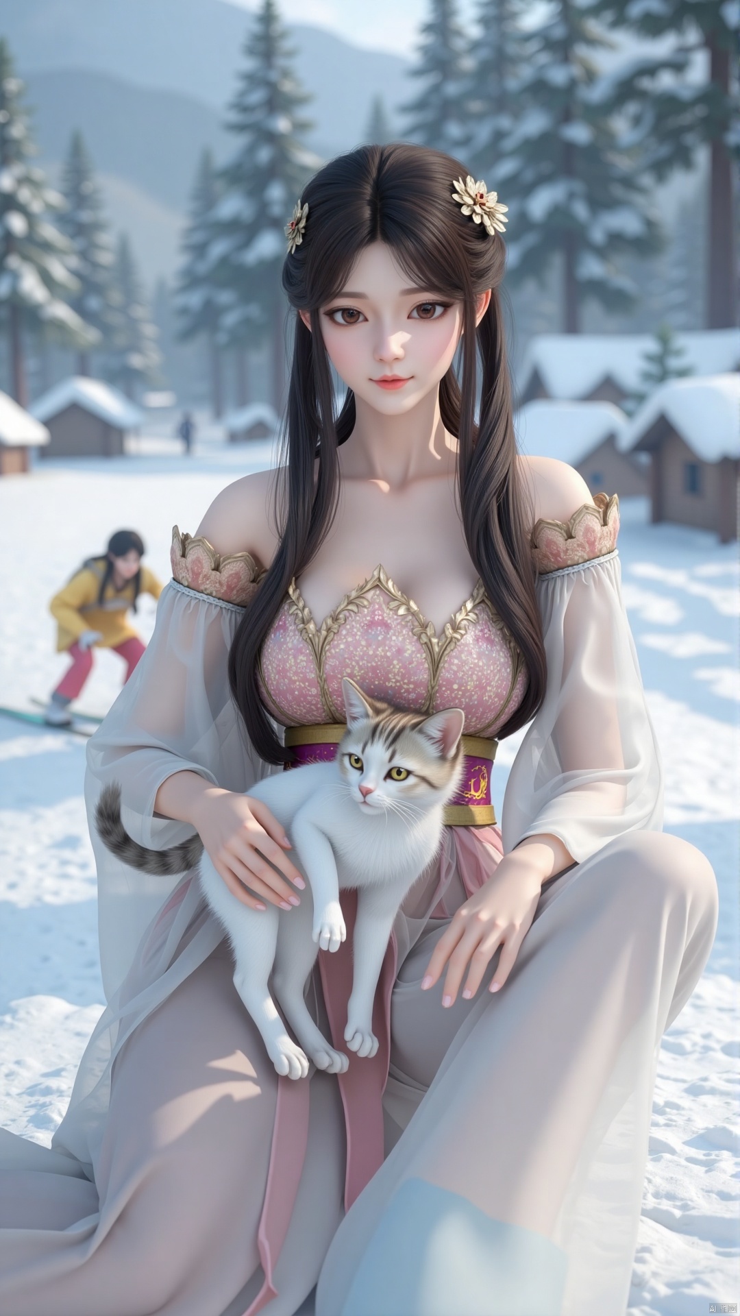 Zhang's realistic and surreal portraits show a 3D character landscape. A girl is holding a cat and looking at the audience. The background is a small snow-covered village and ski resort. The scene includes pine trees and a small figure skiing on the snow-covered ground, captured in a dreamy film style, and the soft and fuzzy snowfall creates a quiet winter atmosphere. The composition adopts natural global illumination to enhance the sense of magical reality. The image was presented in ultra-detail and ultra-high resolution in 4D, and was shot with Fuji color film aesthetics. With the help of the 85mm f/1.4 lens on the DSLR camera, it captures the essence of a fantastic and story-rich micro-world, integrates macro art with vivid colors, and brings fascinating and realistic visual experience. Whole body, long hair, sitting posture, highest quality, exquisite CG, water drops on hair, beautiful goddess, close-up, exquisite face, exquisite lips, exquisite eyes, exquisite nose, a girl.