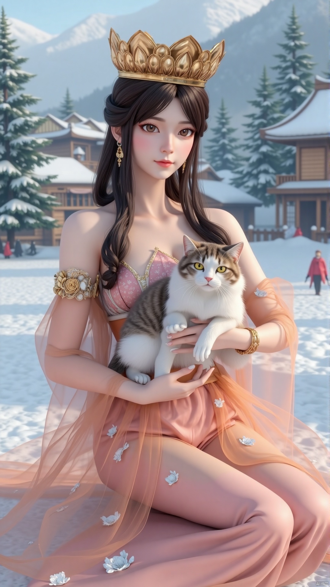 Zhang's realistic and surreal portraits show a 3D character landscape. A girl is holding a cat and looking at the audience. The background is a small snow-covered village and ski resort. The scene includes pine trees and a small figure skiing on the snow-covered ground, captured in a dreamy film style, and the soft and fuzzy snowfall creates a quiet winter atmosphere. The composition adopts natural global illumination to enhance the sense of magical reality. The image was presented in ultra-detail and ultra-high resolution in 4D, and was shot with Fuji color film aesthetics. With the help of the 85mm f/1.4 lens on the DSLR camera, it captures the essence of a fantastic and story-rich micro-world, integrates macro art with vivid colors, and brings fascinating and realistic visual experience. Whole body, long hair, sitting posture, highest quality, exquisite CG, water drops on hair, beautiful goddess, close-up, exquisite face, exquisite lips, exquisite eyes, exquisite nose, a girl.1 girl, solo, long hair, chest, brown hair, black hair, bare shoulders, brown eyes, barefoot, crown, wristband, flower, nail polish, crown, hair band, dress, bare shoulders, brown eyes, jewelry, yellow eyes, sleeves, nail polish, bracelet, crown, pants, yellow eyes.