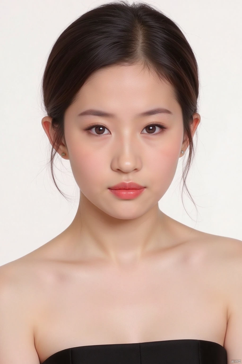 1girl, solo, breasts, looking at viewer, short hair, simple background, brown hair, black hair, bare shoulders, brown eyes, upper body, parted lips, lips, strapless, forehead, realistic, nose