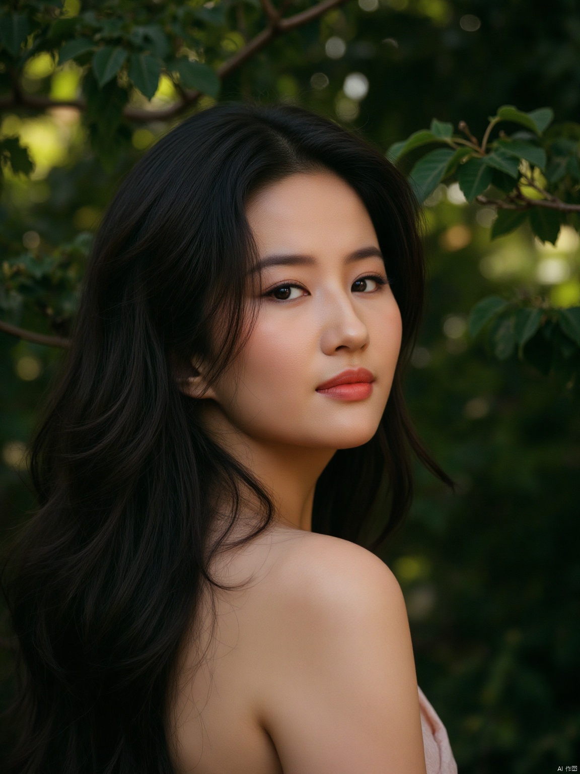 (RAW photo, 4k, realistic, exquisitely detailed skin),masterpiece,best quality,unity 8k wallpaper,ultra detailed,cinematic look,natural skin texture,extremely realistic skin texture,finely detailed face,(film grain:1.2),cinematic angle,Fujifilm XT3,,(highlydetailed),(bright scene),(A serene portrait of a stunning woman, gazing directly into the lens with an air of detachment, her piercing eyes seemingly oblivious to the viewer's presence. Soft, natural lighting casts a warm glow on her porcelain skin, while her raven tresses cascade down her back like a waterfall of night. Her lips, painted a subtle crimson, curve into a gentle, enigmatic smile, hinting at secrets kept behind an impenetrable facade.),(detailed lighting),(contrast),(mysterious atmosphere),,vivid illumination,,masterful technique,,harmonious composition,,immersive atmosphere,,stunning visuals,The bold emblazoned words SUNSHINE amidst lush greenery create a striking visual counterpoint to her melancholic expression, bathed in the soft glow of street lamps.
